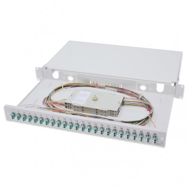Przełącznica światłowodowa/Panel krosowy DIGITUS z wyposażeniem 19'' 1U, 24x LC dx, OM3, pigtaile, adaptery, tacki, wysuwany, szary