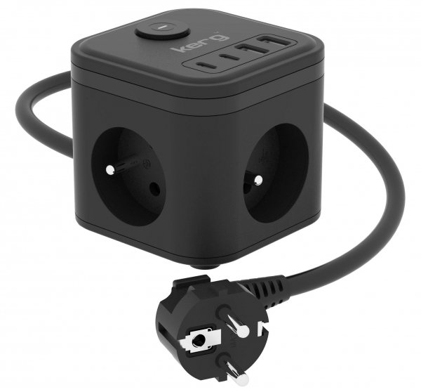 Kostka zasilająca KERG 3-gniazdowa + ładowarka USB-A+USB-C 1,5m 3×1,5mm2 H05VV-F 16A/250V czarna