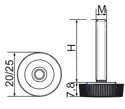 Stopka regulacyjna radełkowa fi25 M6x20 - 4 szt.