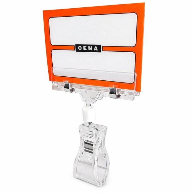 Bezbarwny uchwyt do cenówki z klamrą i  klipsem