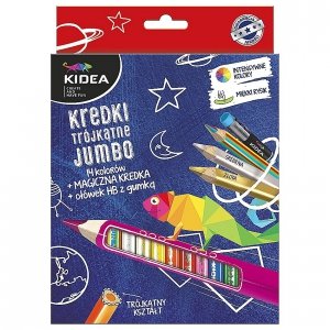 Kredki ołówkowe trójkątne grube 14 kolorów + ołówek i magiczna kredka KIDEA (KTG14OKMKA)