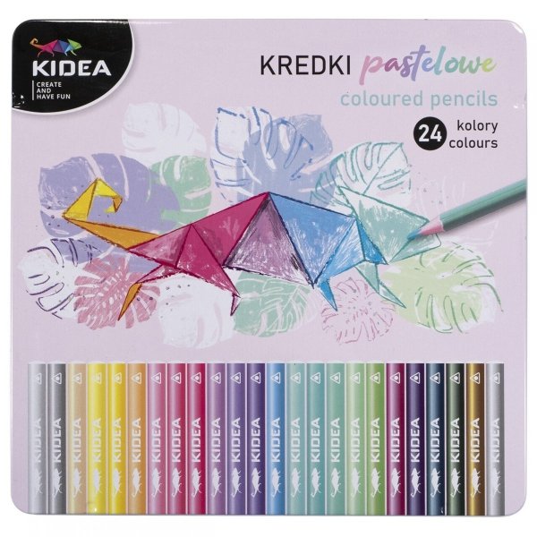 Kredki trójkątne pastelowe w metalowym pudełku 24 kolory KIDEA (KPTMP24KA)