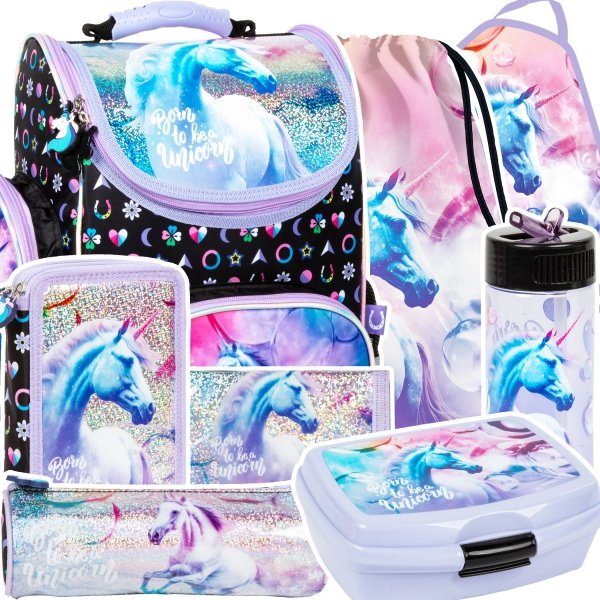 ZESTAW 8 el. Tornister szkolny ergonomiczny UNICORN Jednorożec (TEMBJR15SET8CZ)
