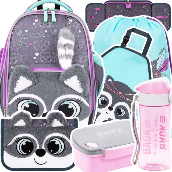ZESTAW 6 el. Tornister Plecak wczesnoszkolny BAMBINO szop, RACOON B8 (63659SET6CZ)