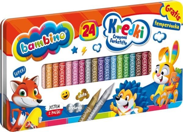 Kredki BAMBINO 24 kolory w metalowym pudełku + TEMPERÓWKA (69590)