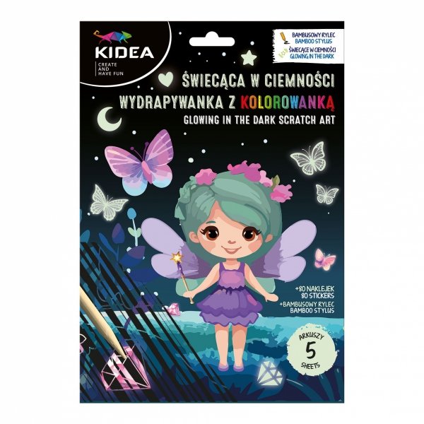 Świecąca w ciemności Wydrapywanka Zdrapywanka i kolorowanka 2w1 A5 WRÓŻKA MAGIC 5 arkuszy KIDEA (SCWKMKA)