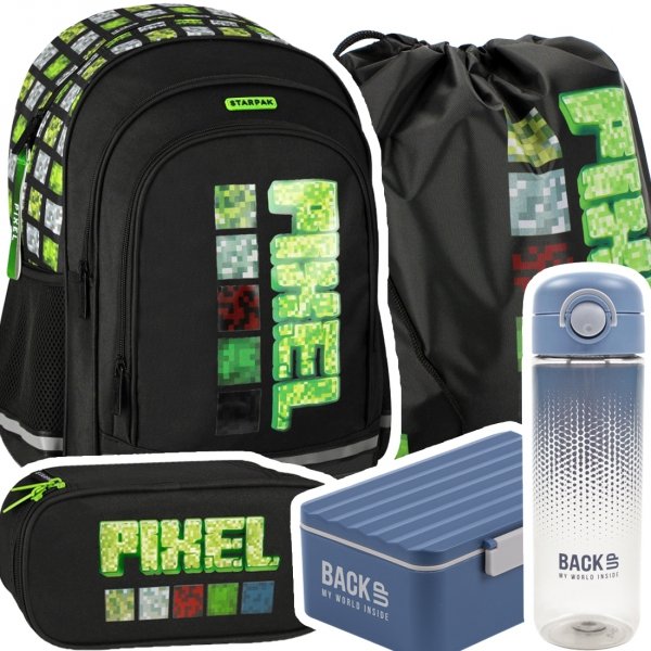 ZESTAW 5 el. Plecak wczesnoszkolny gra, PIXEL ZIELONY (527187SET5CZ)
