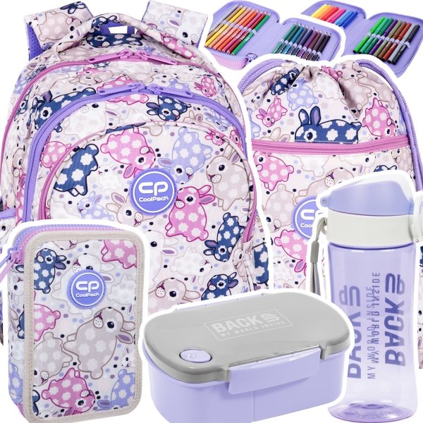 ZESTAW 5 el. Plecak wczesnoszkolny CoolPack JERRY 21 L króliczki, WHITE BUNNY (F029833SET5CZ)