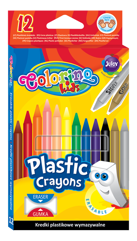Kredki plastikowe, wymazywalne 12 kolorów COLORINO + gumka do mazania (91992)