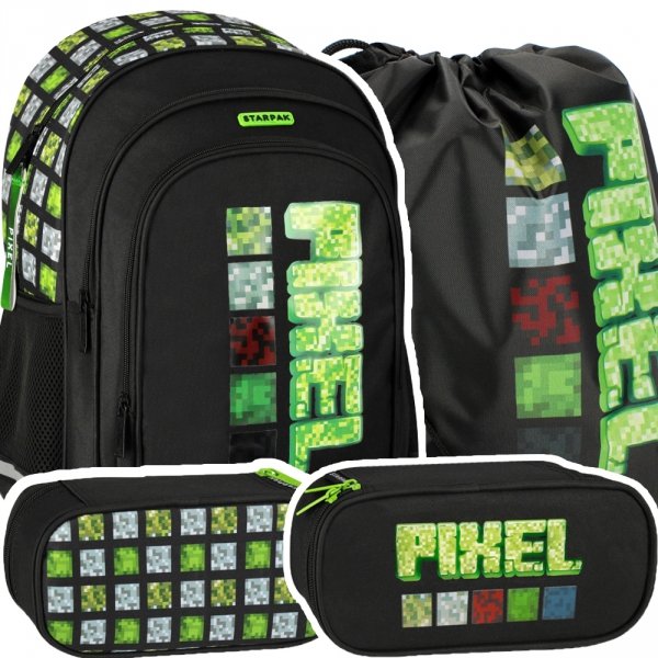 ZESTAW 3 el. Plecak wczesnoszkolny gra, PIXEL ZIELONY (527187SET3CZ)