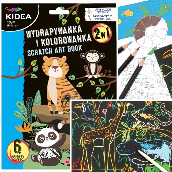 Wydrapywanka Zdrapywanka i kolorowanka 2w1 A5 ZWIERZĘTA 6 arkuszy KIDEA (WKDKA)