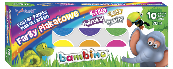 Farby plakatowe BAMBINO 10 kolorów FLUO + BROKAT (01956)