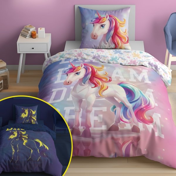 Pościel świecąca w ciemności UNICORN Jednorożec 140 x 200 cm (5208)