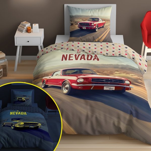 POŚCIEL ŚWIECĄCA CZERWONY SAMOCHÓD 160x200cm FLUO AUTO NEVADA USA CADILLAC