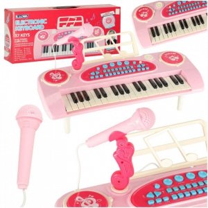 Keyboard dla dzieci pianinko interaktywne organki 37 klawiszy mikrofon statyw różowe