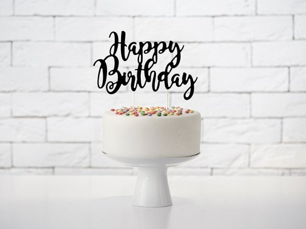 Topper na tort Happy Birthday, czarny, 22,5cm