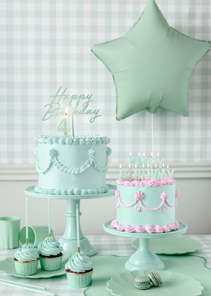 Topper akrylowy na tort Happy Birthday, zieleń, 16.5 cm