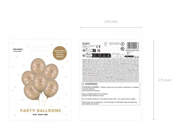 Balony 30 cm, Happy Birthday, Metallic Cold Gold (1 op. / 6 szt.)