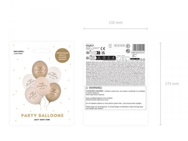 Balony 30 cm, Happy Birthday, mix beżowy (1 op. / 6 szt.)