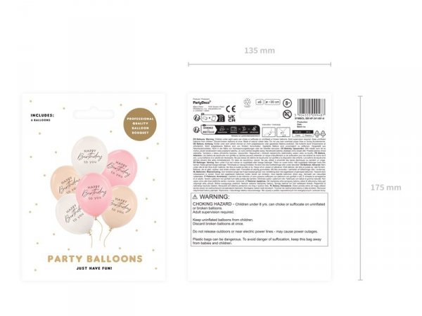 Balony 30 cm, Happy Birthday, mix różowy (1 op. / 6 szt.)
