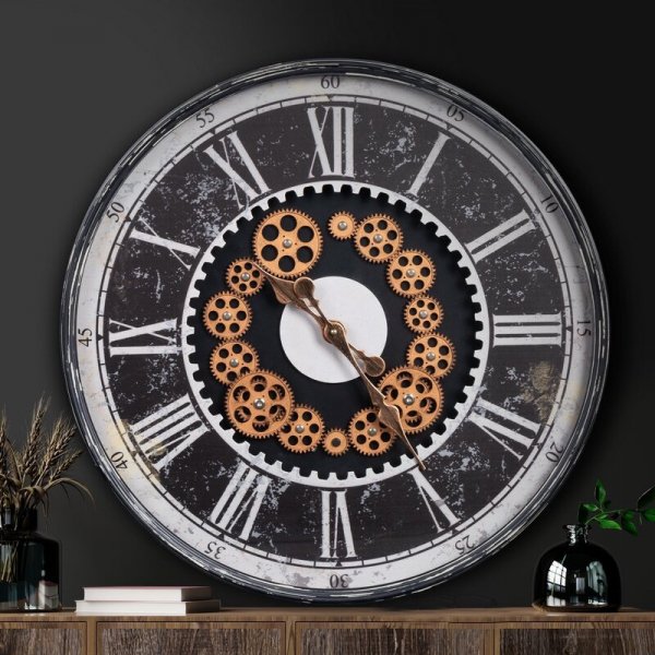 Dekoracyjny zegar ścienny w stylu shabby chic z ruchomymi kołami zębatymi