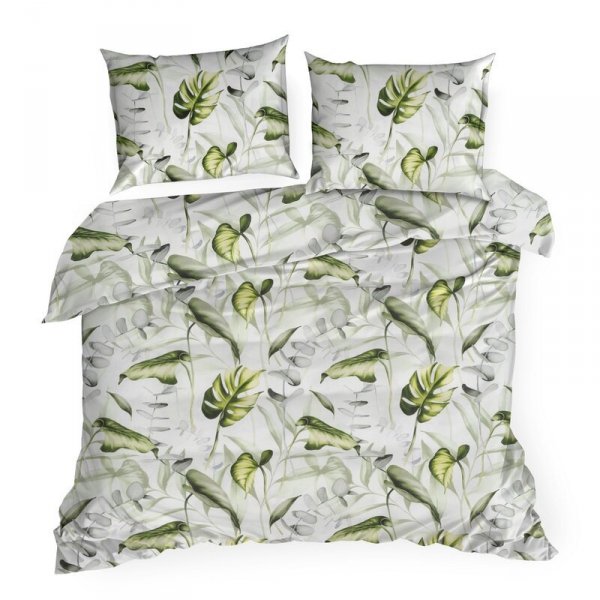 Pościel 160x200 cm bawełniana kolor biały, zielony z wzorem egzotycznych liści ELEN