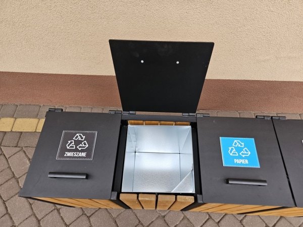 5 komorowy kosz parkowy miejski do segregacji odpadów z pokrywami metalowy drewniany ocynk 5 x 45L 