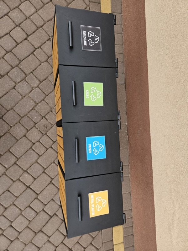 5 komorowy kosz parkowy miejski do segregacji odpadów z pokrywami metalowy drewniany ocynk 5 x 45L 