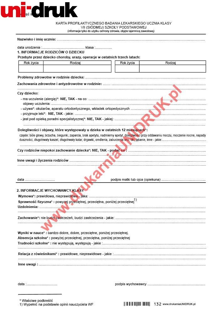 Karta profilaktycznego badania lekarskiego ucznia klasy VII SP A-5 - druk