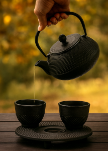 Zestaw żeliwny IMBRYK zaparzacz do herbaty podkładka + 2 czarki po 100ml