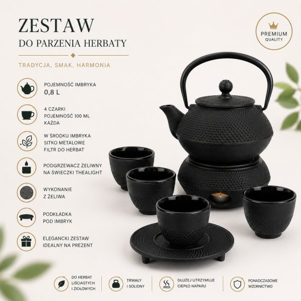 Zestaw żeliwny do herbaty 0,8l Imbryk podgrzewacz podkładka + 4 czarki