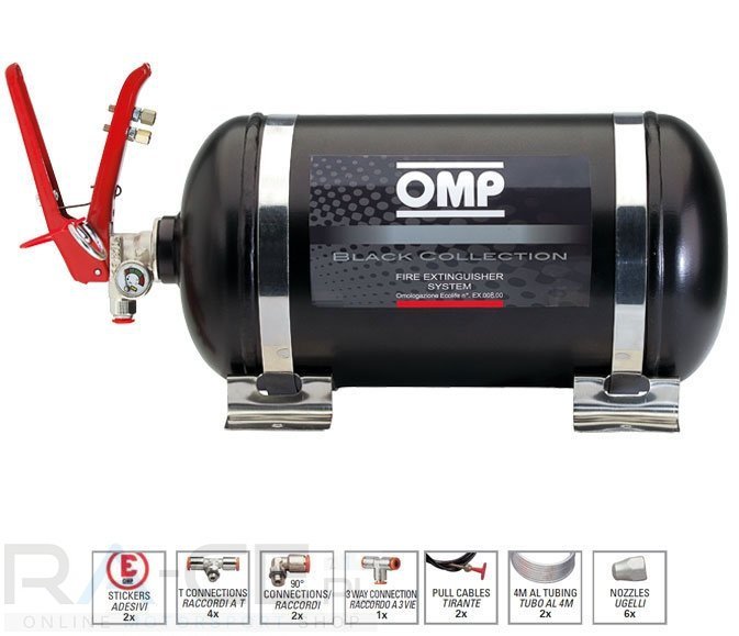 OMP, System gaśniczy stalowy, mechaniczny 4,25l Black collection, Homologacja FIA