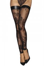 Tiulowe pończochy samonośne Noir Handmade F243 Tulle stockings with patterned flock embroidery and Powerwetlook band at the top 