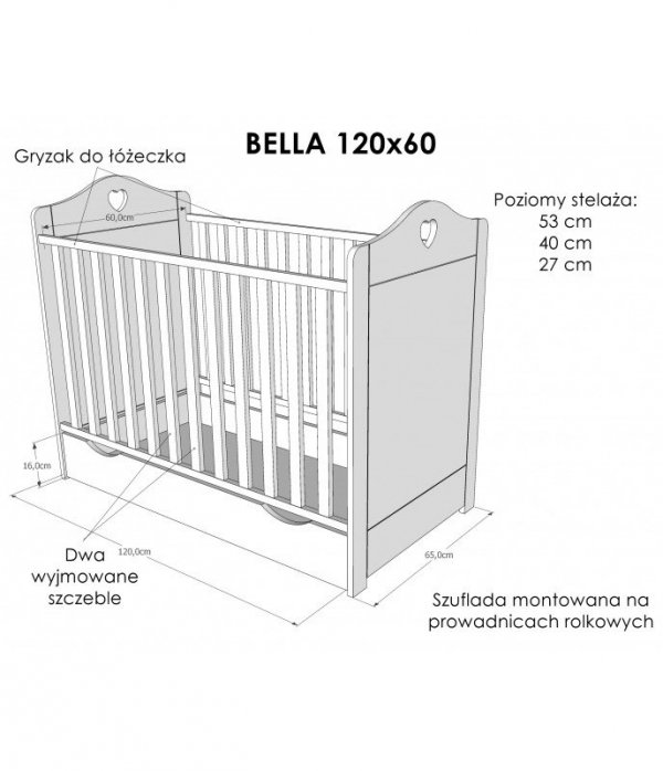 ZESTAW łóżeczko niemowlęce BELLA z szufladą, barierką i materacem 
