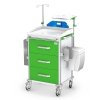 Wózek Vital reanimacyjny RVIT-30: szafka z 3 szufladami, 3 szyny, pojemnik na zużyte igły, kroplówka, półka pod defibrylator, uchwyt butli, deska RKO