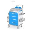 Wózek Vital reanimacyjny RVIT-40: szafka z 4 szufladami, blat boczny wysuwany, 3 szyny, koszyk, pojemniki na narzędzia, kroplówka, półka pod defibrylator, uchwyt butli, deska RKO