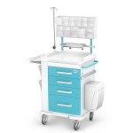Wózek anestezjologiczny ANS-06/ABS: szafka z 4 szufladami, blat boczny wysuwany, nadstawka 11 poj., pojemnik na narzędzia, kroplówka, kosz kolanowy, 3 uchylne pojemniki z PLEXI, zamek centralny