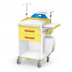 Wózek reanimacyjny REN-02/ST: szafka z 2 szufladami, blat boczny wysuwany, koszyk, kroplówka, kosz na odpady, półka pod defibrylator, uchwyt do butli, deska do RKO 