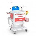 Wózek reanimacyjny OPTIMUM OR-2ABS: szafka z 2 szufladami, półka, koszyk, pojemniki na narzędzia, na rękawiczki i na zużyte igły, kroplówka, kosz na odpady, półka pod defibrylator, deska do RKO