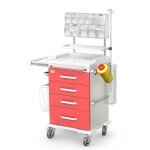 Wózek anestezjologiczny ANS-04/ABS: szafka z 4 szufladami, blat boczny wysuwany, półka nadblatowa z ABS, nadstawka 11 poj., pojemniki na narzędzia i na zużyte igły, kosz na cewniki, kroplówka, kosz kolanowy