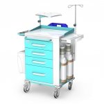 Wózek reanimacyjny REN-06/ST: szafka z 4 szufladami, blat boczny wysuwany, pojemnik na narzędzia, kosz kolanowy, kroplówka, półka pod defibrylator, 2 uchwyty do butli, deska do RKO