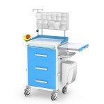 Wózek anestezjologiczny ANS-03/ST: szafka z 3 szufladami, blat boczny wysuwany, nadstawka 11 poj., miska, pojemniki  na rękawiczki i na zużyte igły, koszyk, kroplówka, kosz na odpady