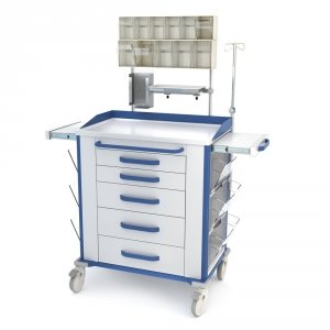 Wózek Vital anestezjologiczny AVIT-52: blat stalowy z bandami, szafka z 5 szufladami, 2 blaty boczne wysuwane, 6 pojemników z PLEXI, nadstawka na 11 poj. (5+6), 3 szyny, pojemniki na narzędzia i na rękawiczki, kroplówka