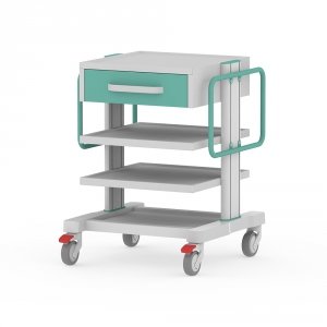 Wózek pod aparaturę medyczną APAR-2 typ AR80-3N: szuflada i 2 półki z pogłębieniem, 2 uchwyty UC2 do prowadzenia