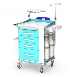 Wózek reanimacyjny REN-06/ST: szafka z 4 szufladami, blat boczny wysuwany, pojemnik na narzędzia, kosz kolanowy, kroplówka, półka pod defibrylator, 2 uchwyty do butli, deska do RKO