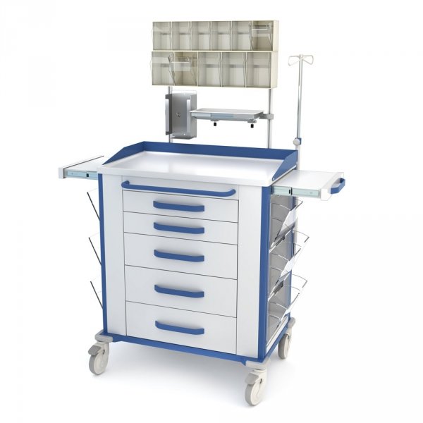 Wózek anestezjologiczny VITAL seria AVIT-52: blat stalowy z bandami, szafka z 5 szufladami, 2 blaty boczne wysuwane, 6 pojemników z PLEXI, nadstawka na 11 poj. (5+6)