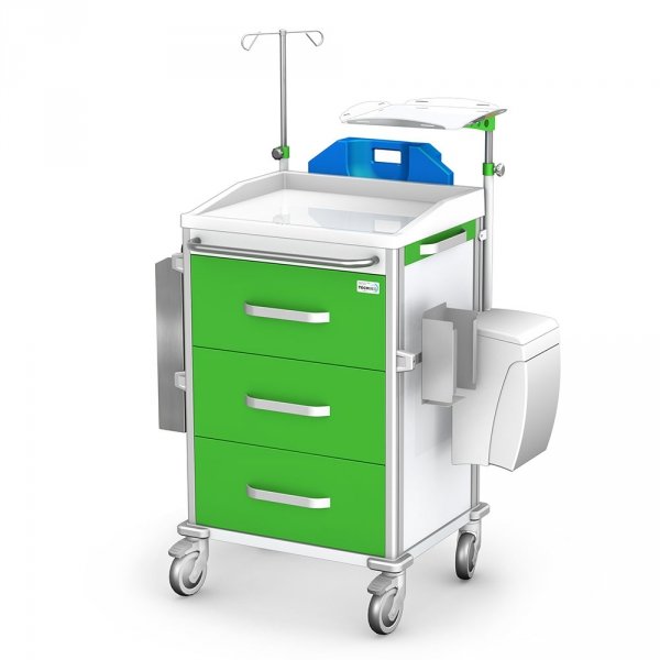 Wózek Vital reanimacyjny RVIT-30: szafka z 3 szufladami, 3 szyny, pojemnik na zużyte igły, kroplówka, półka pod defibrylator, uchwyt butli, deska RKO