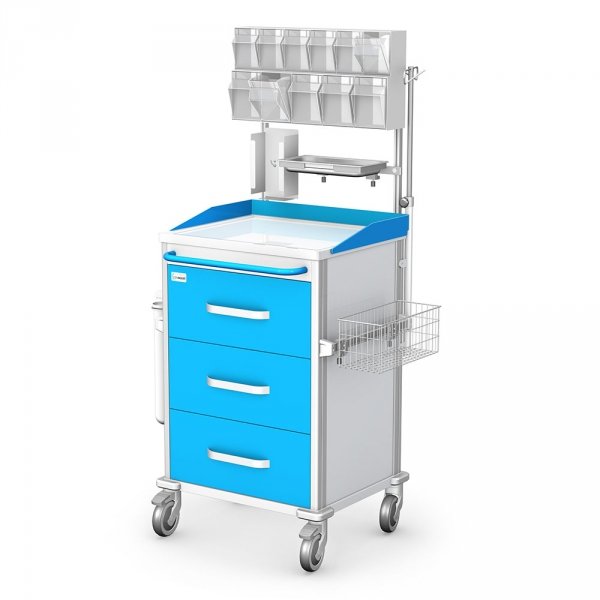 Wózek Vital anestezjologiczny AVIT-30: blat aluminiowy z bandami, szafka z 3 szufladami, nadstawka na 11 poj. (5+6), 5 szyn,  pojemniki na cewniki i na zużyte igły, kroplówka