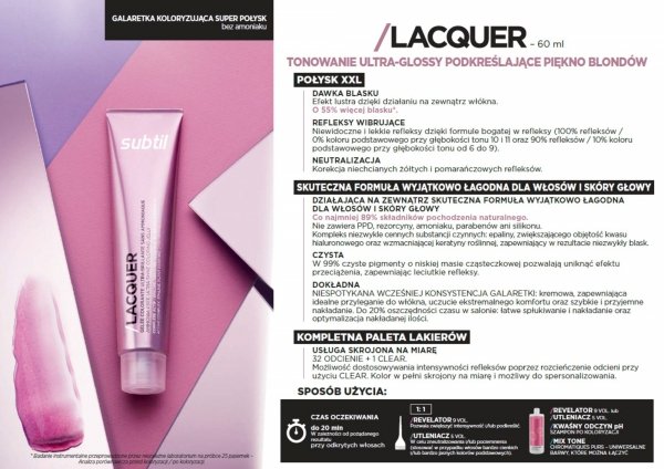 LACQUER 8,34 SUBTIL LACQUER XXL SHINE Profesjonalny Toner Kwasowy z efektem lustrzanego blasku  Subtil 60 ml.