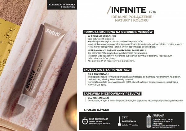 Profesjonalna Farba do włosów Subtil BEZ AMONIAKU trwale kryjąca 60 ml.  INFINITE - Châtain clair doré 5/3